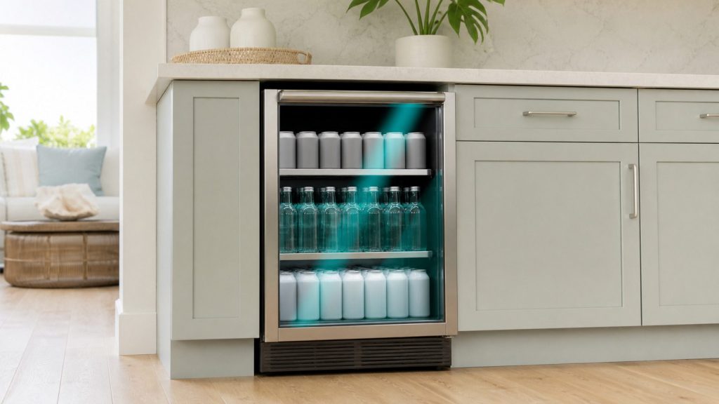 A glass-fronted built-under beverage cabinet beneath a pale stone worktop, its door closed, cans and bottles standing in neat rows on three lit shelves behind the glass, a turquoise reflection across the door, pale cabinetry around it.