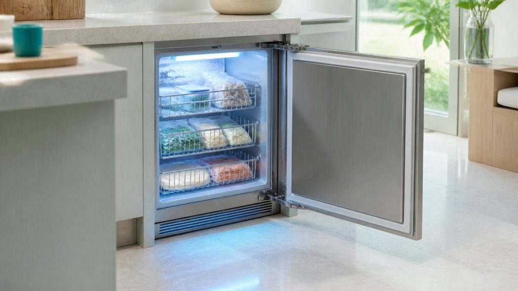 A built-under stainless cabinet beneath a pale worktop with its door open on wire baskets of frozen food, a thin bloom of frost on the rear wall, cold blue interior light spilling onto the pale floor.