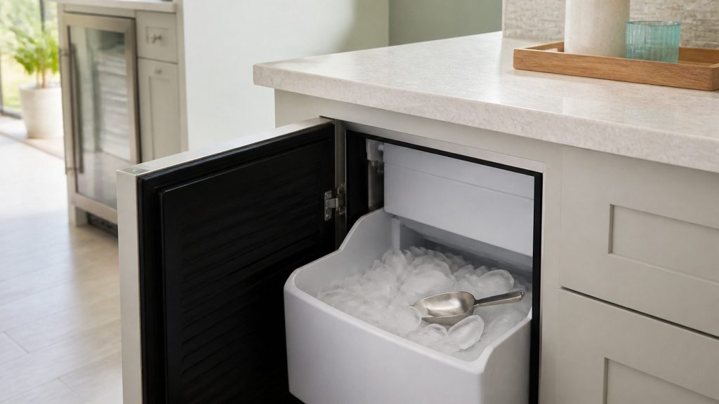 A built-under ice maker beneath a pale worktop with its door swung open to show the storage bin part filled with crescent-shaped ice, the curved cubes clearly not square, a metal scoop resting on top of them.