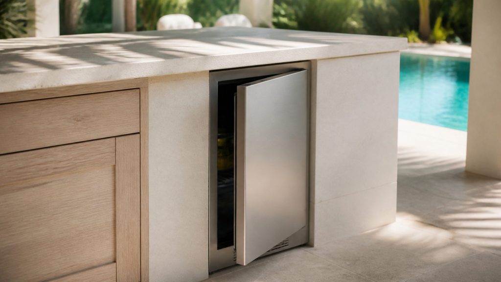 A stainless built-under refrigerated cabinet set into pale rendered masonry on a shaded poolside terrace, its door slightly open, bright Florida daylight, palm shadow across the stone top, turquoise pool water out of focus behind.