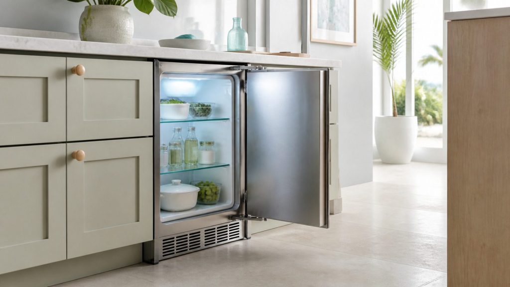 A stainless built-under refrigerator 24 inches wide standing open beneath a pale stone worktop, glass shelves inside holding bottles and covered dishes, cool interior light, the ventilation grille along its base visible, pale cabinetry either side.