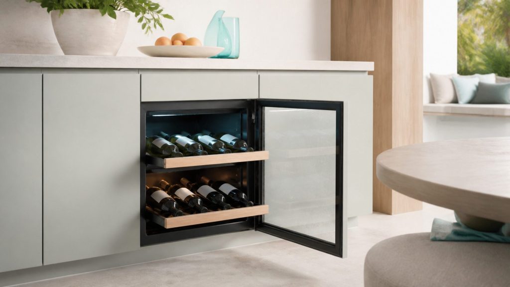 A built-under wine cooler with a glass door standing open beneath a pale worktop, two wooden shelf runners drawn out with bottles lying on them, the upper compartment lit slightly cooler than the lower, condensation faint on the inside of the glass.