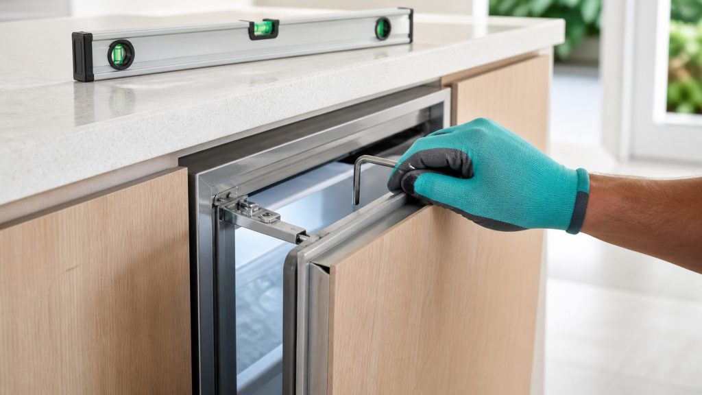 A gloved hand with a hex key at the upper hinge of a built-under stainless door that carries a light oak cabinet front, the door held part open, a spirit level lying on the worktop above.