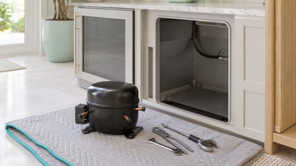A replacement compressor standing on a moving blanket on a pale tile floor beside the empty machine compartment of an undercounter cabinet, its suction and discharge stubs capped, tools laid out alongside.