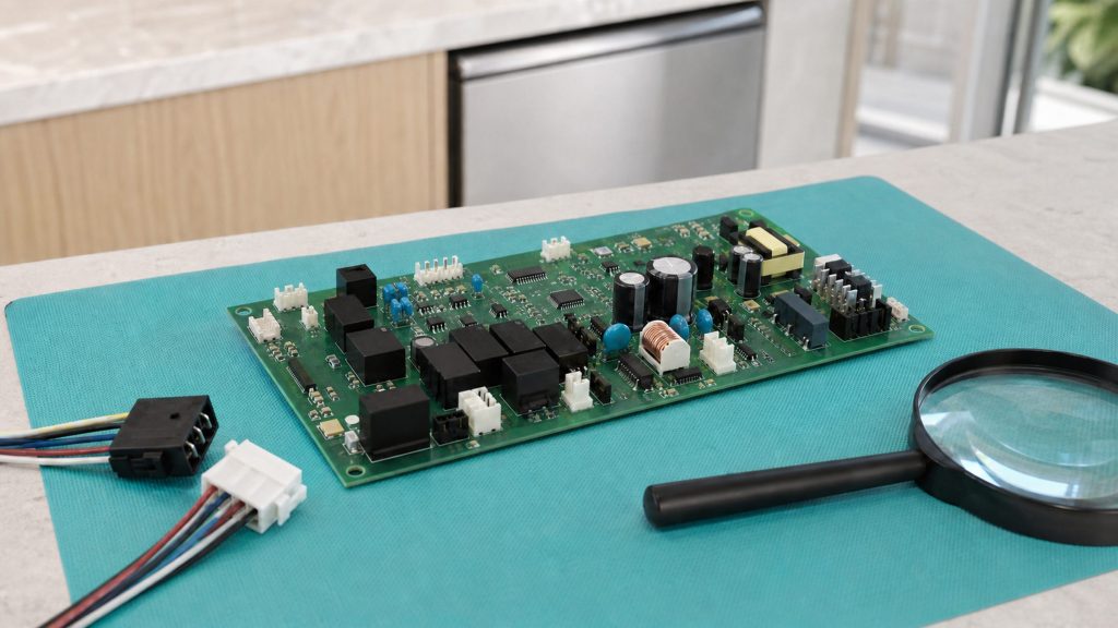 A bare electronic control board lying face up on an anti-static mat on a pale bench, its relays and capacitors upward, two disconnected wiring plugs beside it and a magnifier resting on the mat.