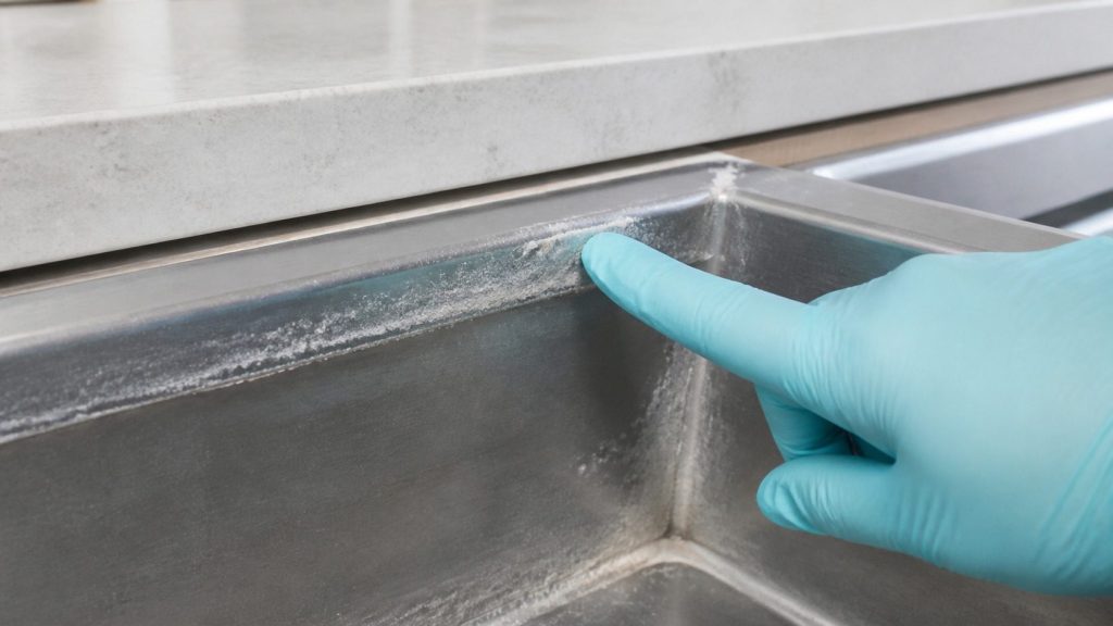 A close view of chalky white scale crusted along the stainless lip and corner of an empty ice machine bin, a gloved fingertip touching it, cold light raking across the surface.