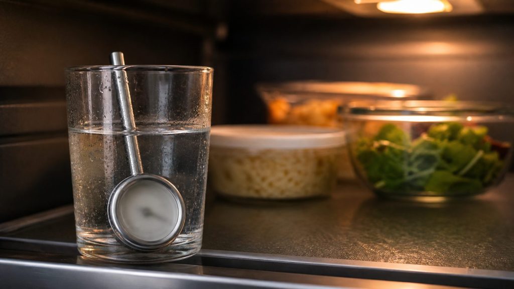 A small dial thermometer standing in a glass of water on a refrigerator shelf, other food out of focus behind it