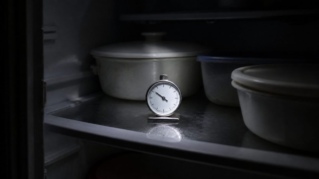 A dark refrigerator interior during a power cut, a dial thermometer standing on the shelf, covered dishes either side, no interior light