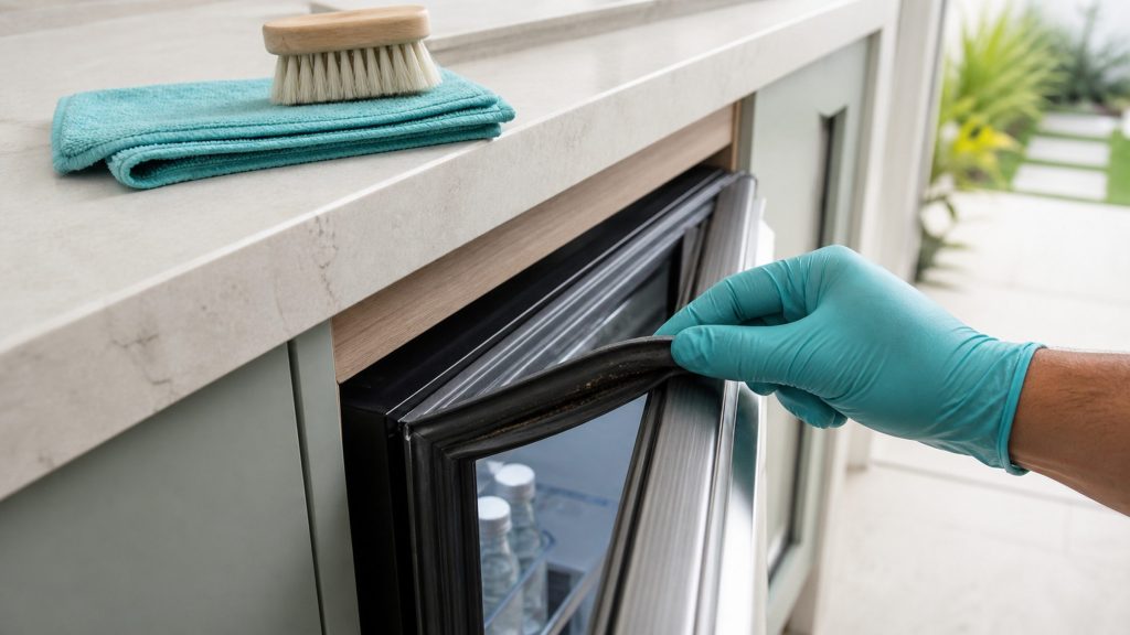 A gloved finger peeling back the fold of a magnetic door gasket on an undercounter appliance to show the dark discoloration inside the fold, a soft brush and a cloth on the pale worktop beside it.