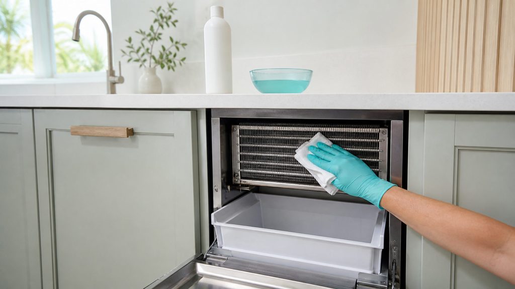 A gloved hand wiping the stainless evaporator grid of an ice machine with a white cloth, the empty bin below it, a plain unlabelled bottle and a bowl of solution standing on the pale worktop above.