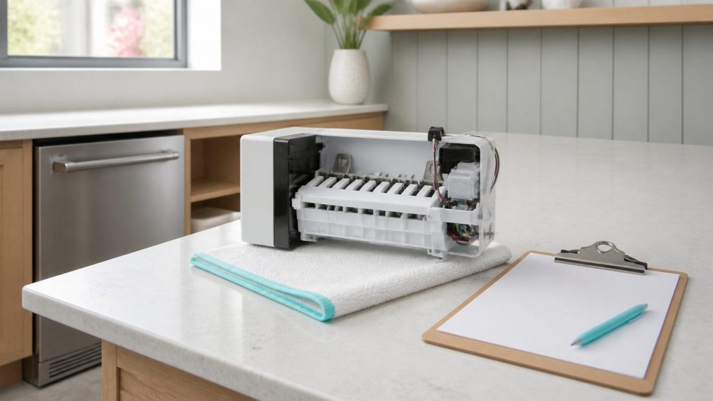 An ice maker module lying on a folded cloth on a pale stone worktop beside a clipboard with a blank work order on it and a pen, soft daylight, nothing written on the paper.