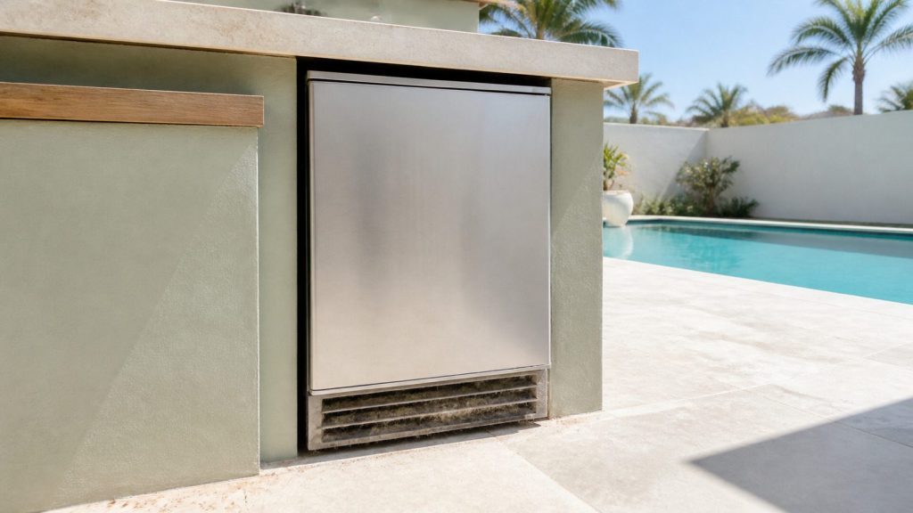 A stainless built-under cabinet standing in full midday sun on an open terrace with no shade over it, its base grille clogged, hard shadow on the stone and heat shimmer above the top, turquoise pool water behind.
