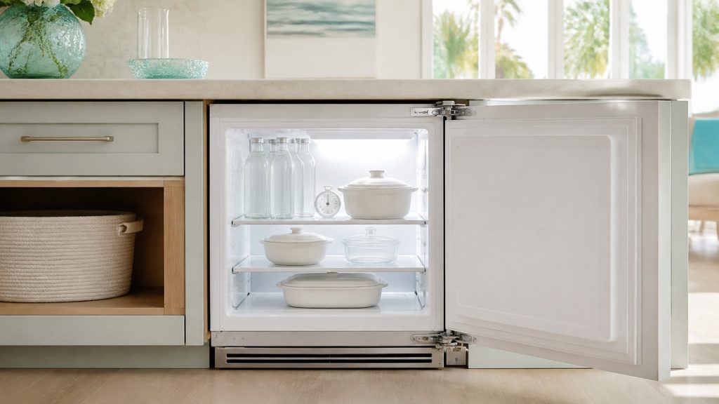 The interior of a built-under refrigerated cabinet standing open and brightly lit, a dial thermometer on the shelf among bottles and covered dishes, the door held open, everything looking normal and nothing frosted.