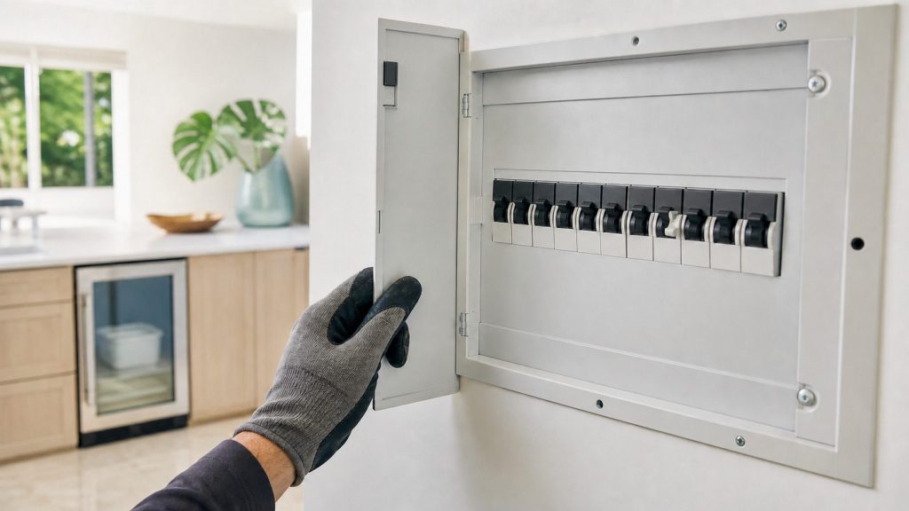 An open household electrical panel with a row of breakers, one of them switched off, a gloved hand resting on the panel door, no writing legible on any label.