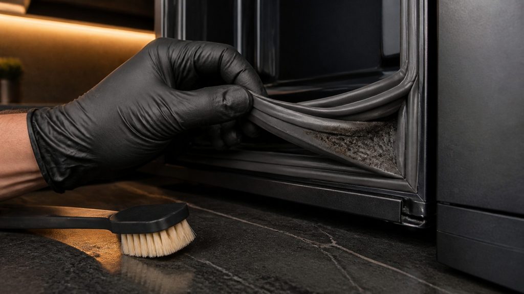A close view of the folded rubber seal on a refrigerator door showing dark discoloration in the fold, a gloved hand holding the fold open, a soft brush beside it