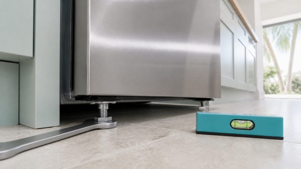 Floor-level view of a threaded adjustable foot under the corner of a built-under stainless cabinet, an open-ended spanner on it and a spirit level with a green vial lying on the pale tile beside it.