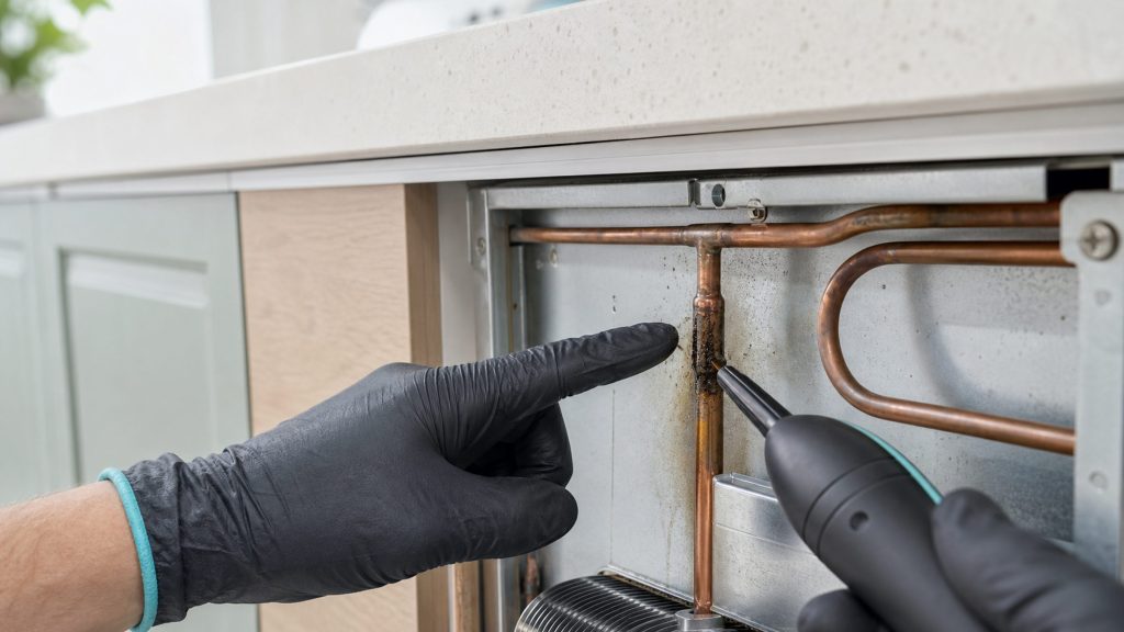 An oily dark stain spreading along a brazed joint in the copper tubing at the back of an undercounter cabinet, a gloved fingertip beside it and an electronic leak detector probe held close, service light across the metal.