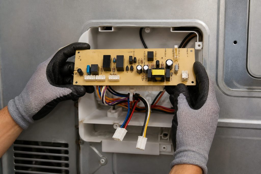 A bare electronic control board held level in two gloved hands over its open housing on the back of a refrigerator, relays and capacitors upward, two disconnected wiring plugs dangling below it