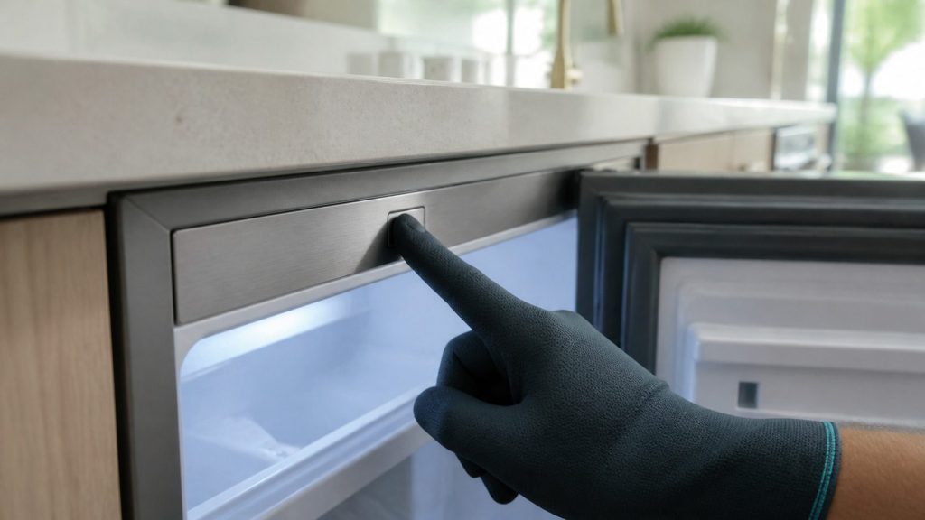 A gloved finger held down on one unmarked key of a blank brushed control strip inside the door frame of an undercounter appliance, nothing lit anywhere on the strip, cold interior light, close and shallow.