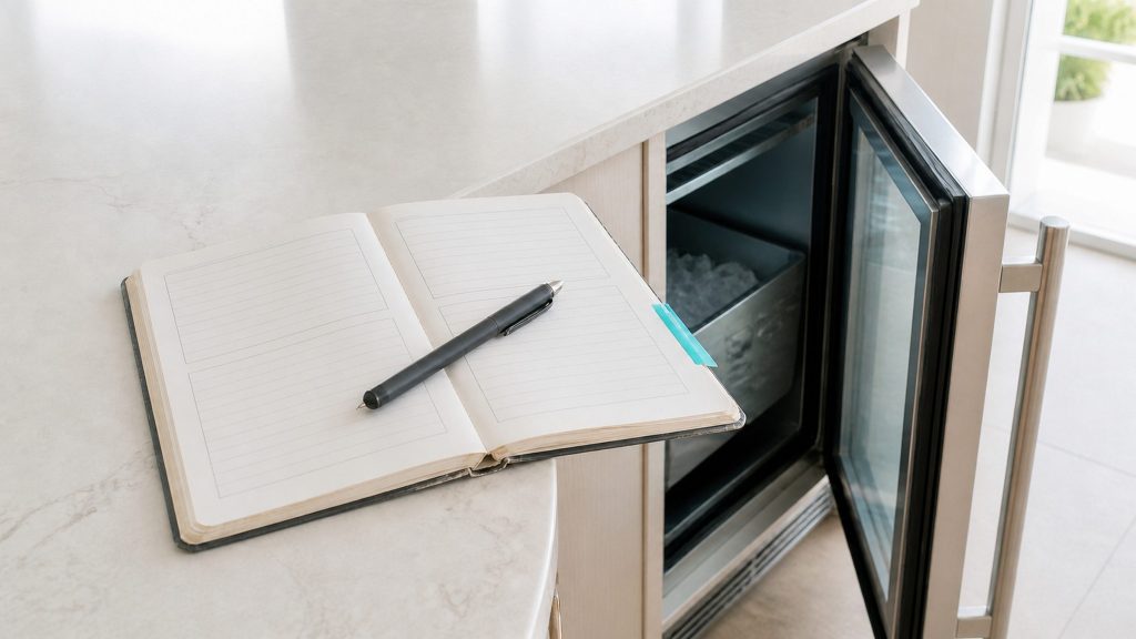 A worn service notebook lying open on a pale worktop beside an open appliance door, columns of hand-ruled boxes on the page shown at a shallow angle so no word or number can be read, a pen across it.