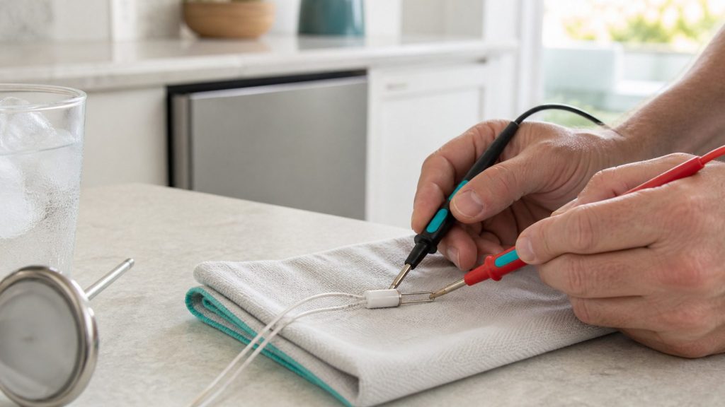 Two multimeter probes held against the terminals of a small white thermistor lying on a folded cloth beside a cup of iced water and a dial thermometer, pale worktop, no readable display in frame.