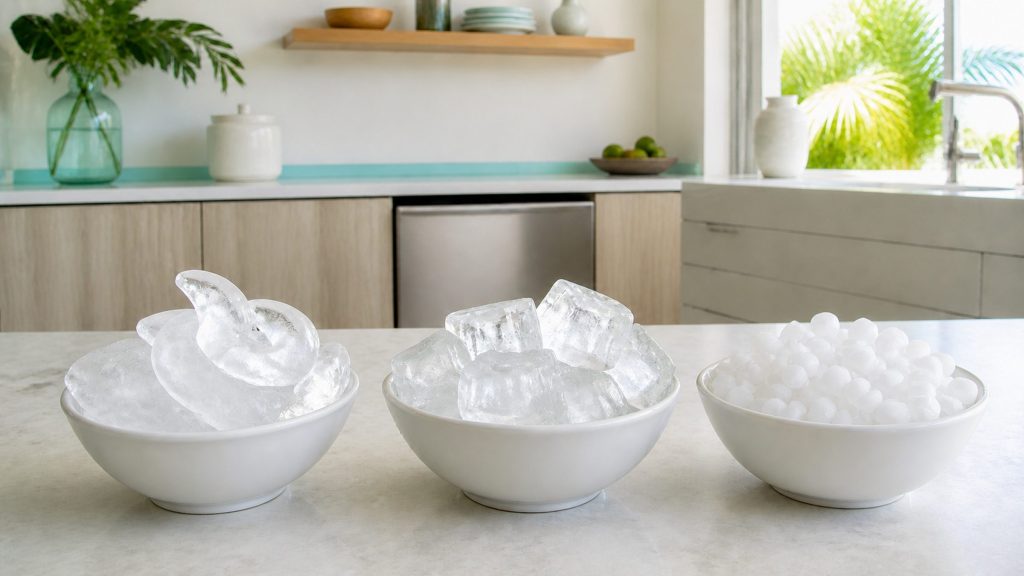 Three white bowls side by side on a pale stone worktop, one holding curved crescent ice, one holding large perfectly clear square cubes, one holding small soft chewable nugget pellets, cool even daylight, the difference in shape obvious.