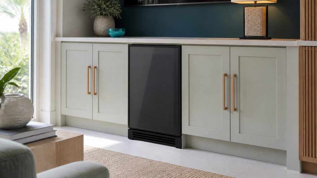A built-under beverage center with a dark front in a media room cabinet run, closed, low warm light and a deep teal wall behind.