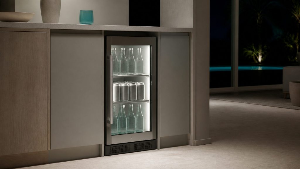 A built-under beverage center with a clear glass door lit from within at night, its contents the only bright thing in a dark pale-stone room.