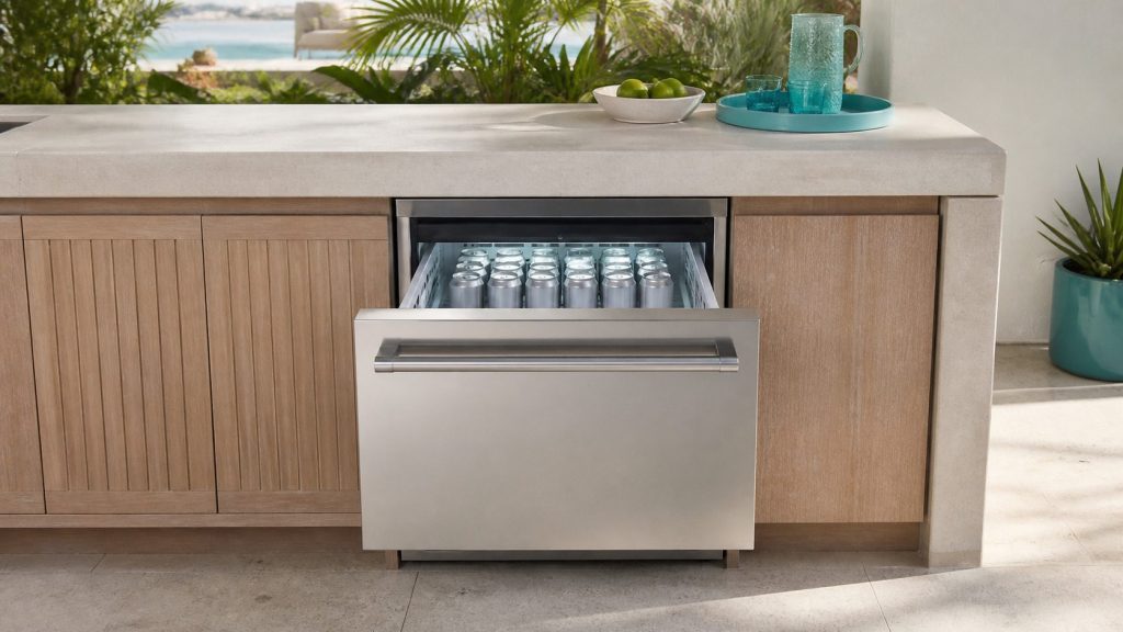 A refrigerated beverage drawer pulled open in an outdoor counter, cans standing upright on the cold liner, stone above and planting behind.