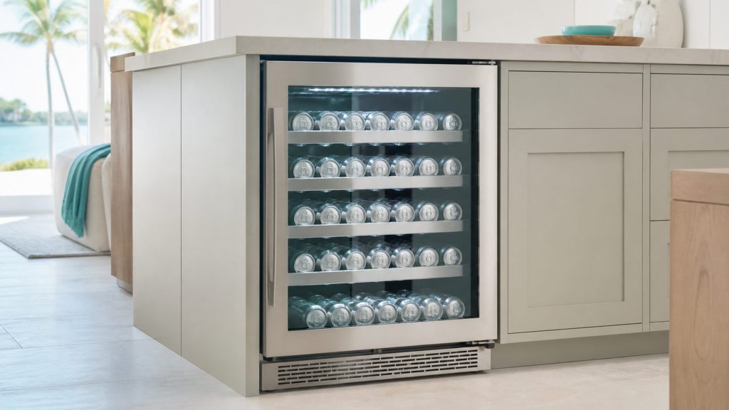 A built-under beverage center with a glass door, rows of cans lying on metal-front racks inside, the interior lit cool, pale cabinetry either side.