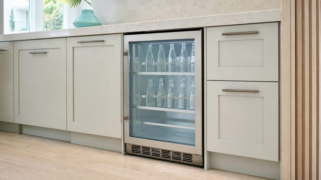 A built-under beverage center with a glass door standing closed, half its racks empty and the rest holding upright bottles, cool interior light in a pale kitchen.