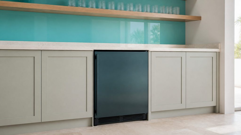 A built-under beverage center in a home bar run, closed, a shelf of tumblers and a turquoise glass splashback above it.
