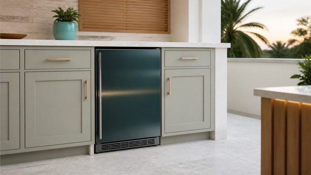 A built-under beverage center in a covered outdoor kitchen run on a terrace, closed, planting and warm evening light beyond.