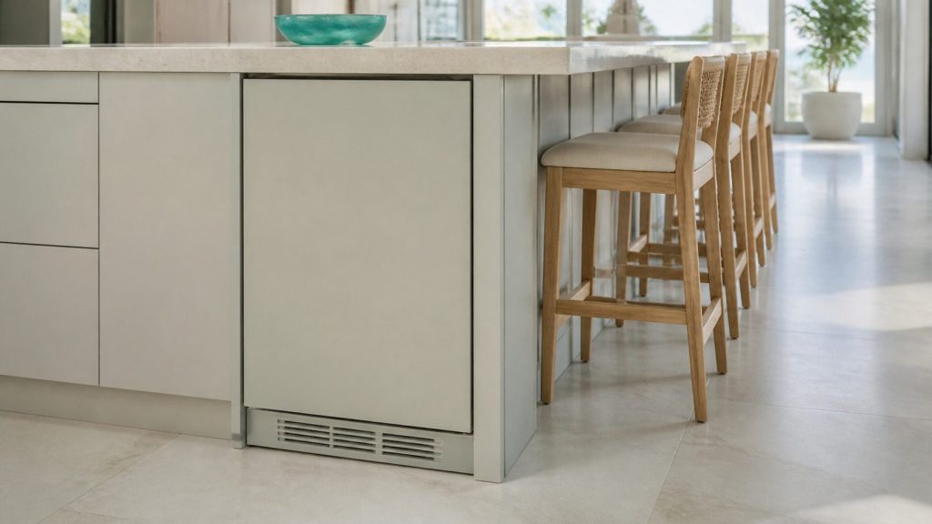 A panel-ready built-under beverage center flush in the side of a kitchen island, closed, pale stone overhang and stools alongside.