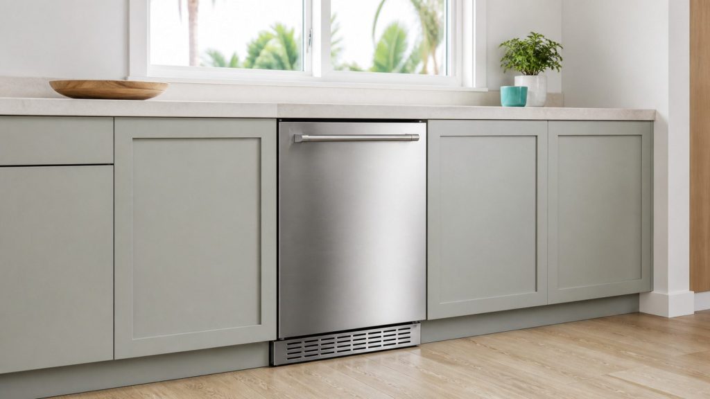 A stainless built-under beverage center flush in a run of pale grey-green cabinets, closed, a slim handle and the base grille the only breaks in the front.