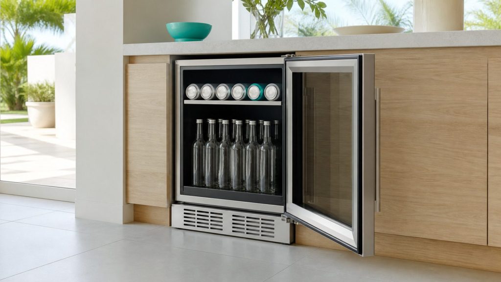 A stainless built-under beverage center standing open beneath a worktop, bottles standing upright on the lower shelf and cans lying above.