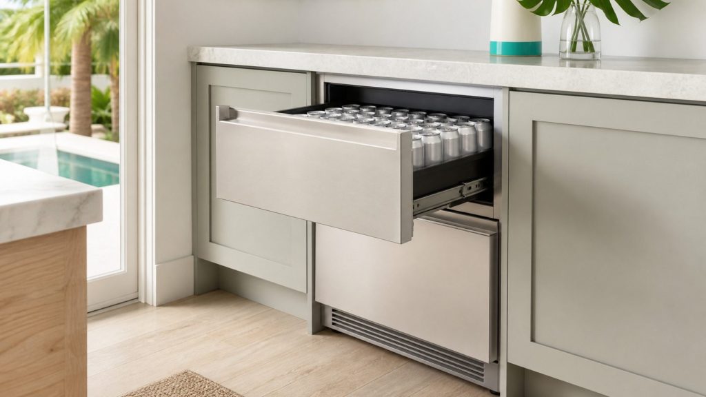 Two refrigerated beverage drawers built under a counter, the upper one open and packed with upright cans, the lower closed.