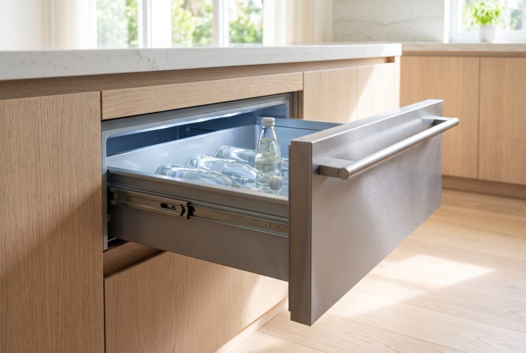 A refrigerated drawer pulled open in a pale oak run, glass bottles standing upright on the cold blue liner