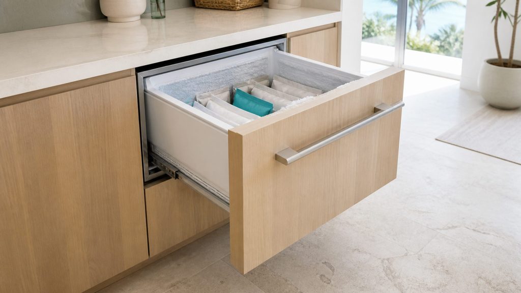 A built-under convertible drawer running as a freezer, pulled open beneath a worktop, frozen packets standing on end in the cold liner, frost faint on the walls.