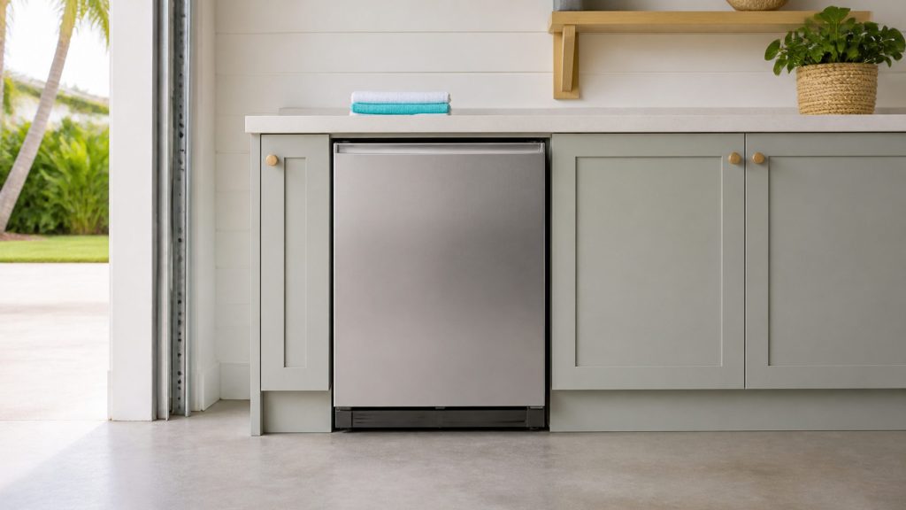 A built-under freezer with a solid stainless door in a garage utility run, closed, pale concrete floor and a folded towel on the counter above.