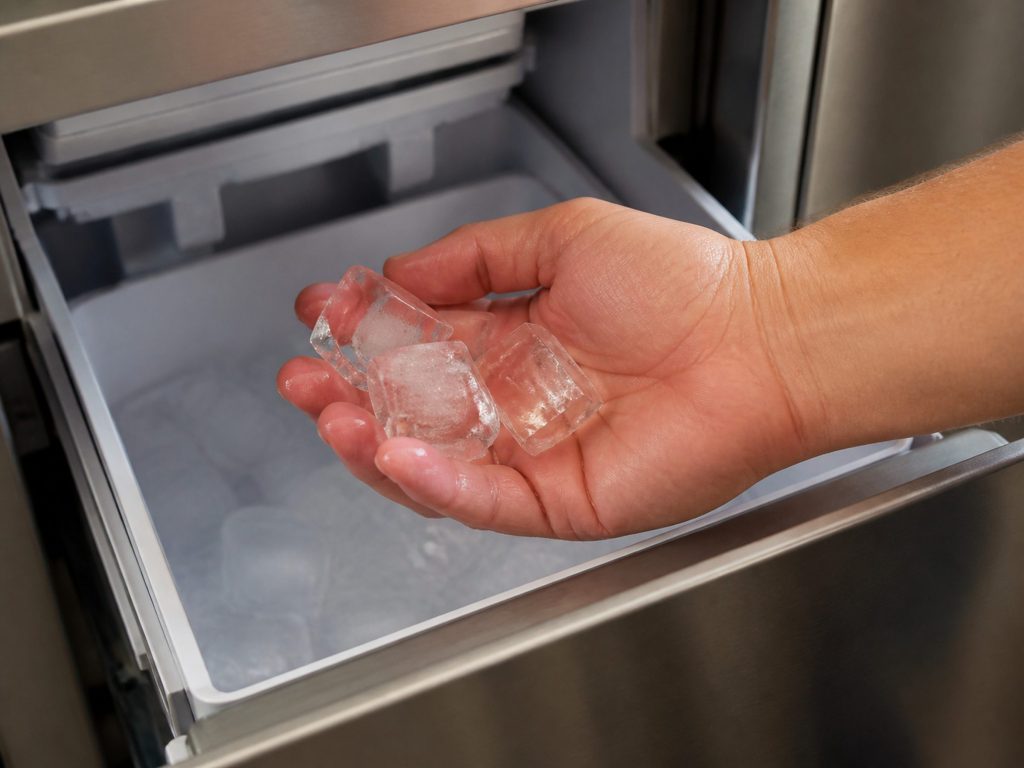 A cupped hand lifting a few large clear ice cubes out of the bin of a 15-inch undercounter ice maker, the rest of the bin below in soft focus