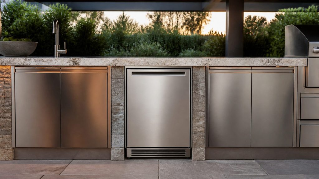An undercounter ice maker built into a covered outdoor kitchen run on a terrace, stainless doors either side, planting and evening light beyond.