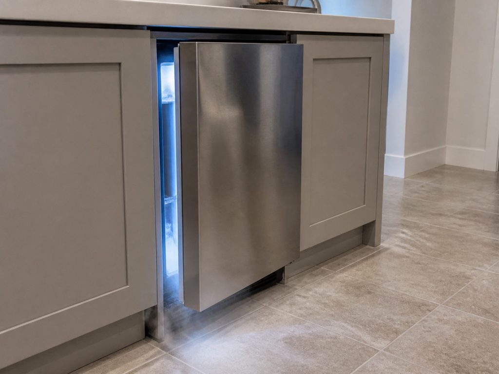 An 18-inch stainless undercounter ice maker, door pulled open a hand's width, cold light and vapour spilling from the gap onto the floor tiles