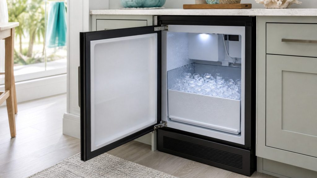 A built-under ice machine open with its bin half full of clear cubes, the interior lit cool, water beading on the bin wall.