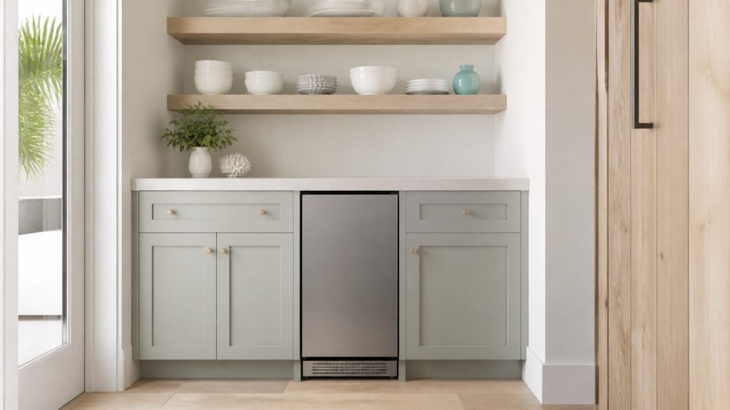 A narrow built-under ice machine in a butler's pantry run, closed, open shelves of white china above and a pale stone counter.