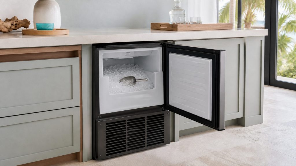 A built-under ice maker standing open beneath a pale worktop, its storage bin heaped with crescent-shaped ice, a metal scoop resting on top.