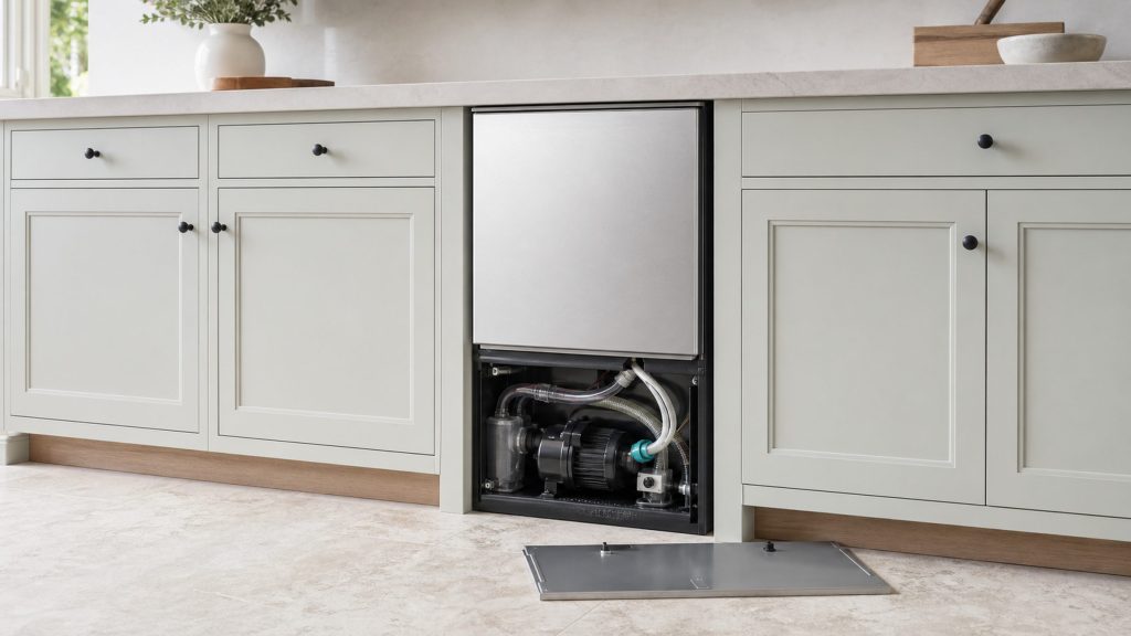 The drain pump and tubing behind the lower access panel of a built-under ice machine, the panel set aside on the floor, pale cabinetry either side.