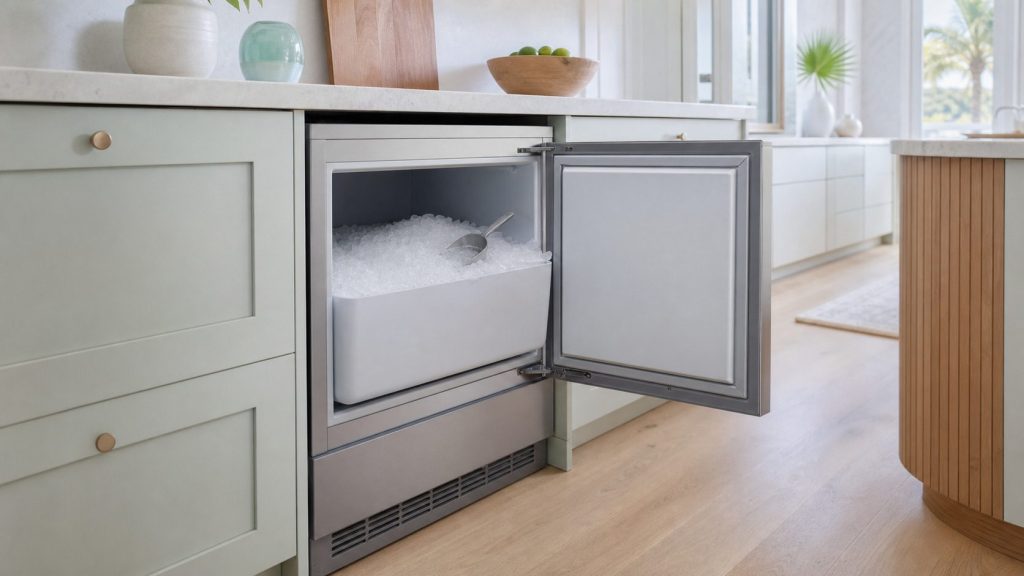 A built-under nugget ice machine with the door open and the bin full of soft pellet ice, a scoop half buried in it.