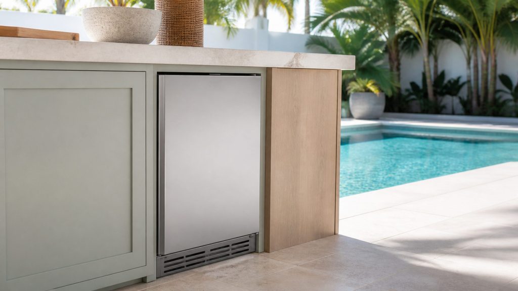 A built-under ice machine set into an outdoor counter beside a pool, closed, stone above it and turquoise water beyond.