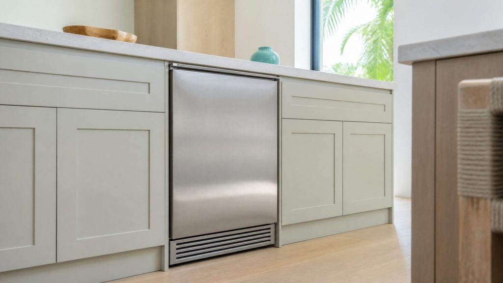 A stainless built-under ice machine closed in a run of pale base cabinets, its ventilation grille along the base, stone worktop above.